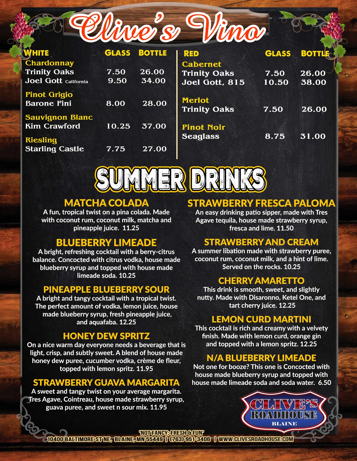 Clive's Vino & Summer Drinks Menu 2026