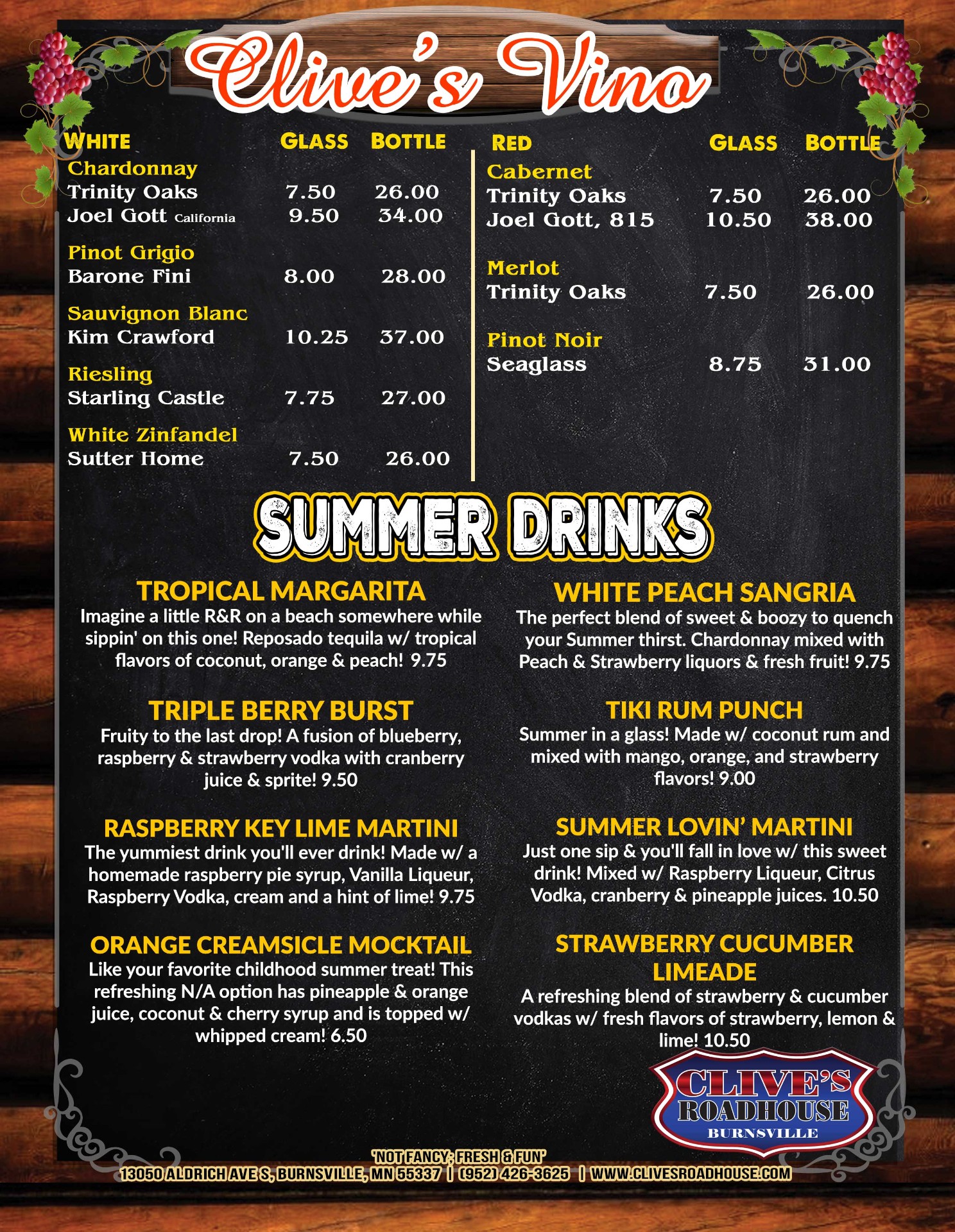 Burnsville Clive's Vino & Summer Drinks Menu 2026