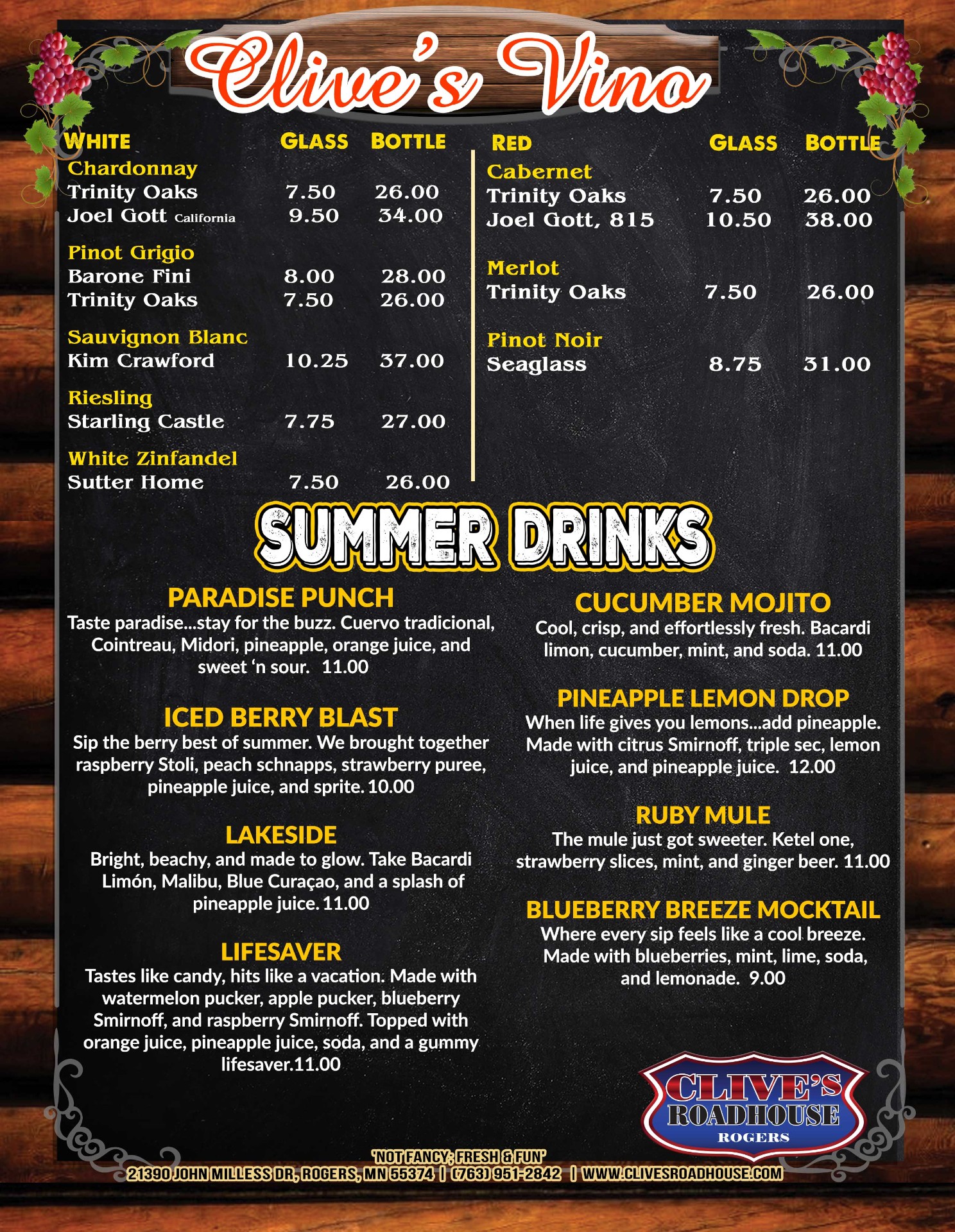 Rogers Clive's Vino & Summer Drinks Menu 2026